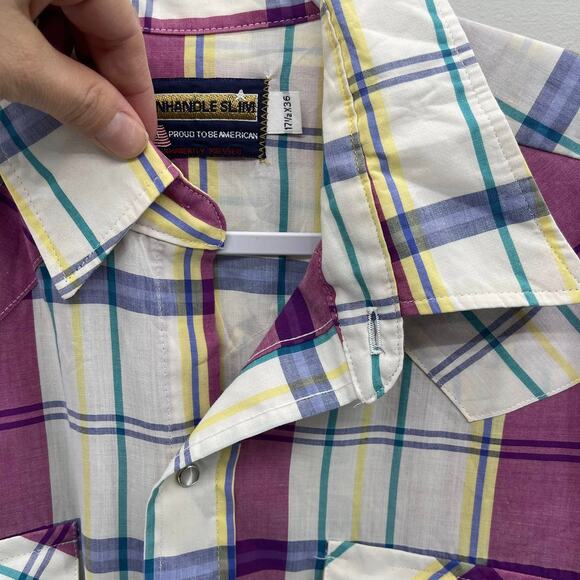 VTG Panhandle Slim Pearl Snap Western Shirt Mens 17.5 x 36 Purple White Plaid LS - Picture 5 of 8